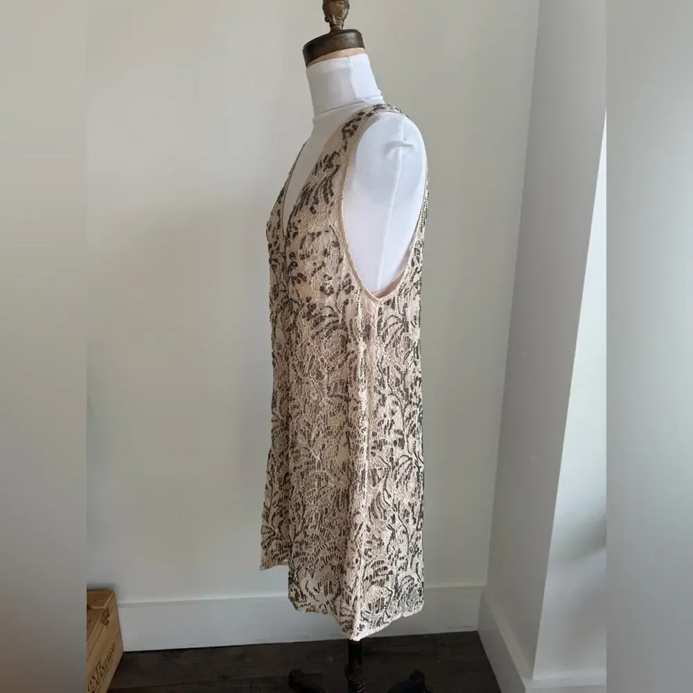 Free People Shine On Mini Dress Beaded Lace Sleeveless Beige Blush Women's Small